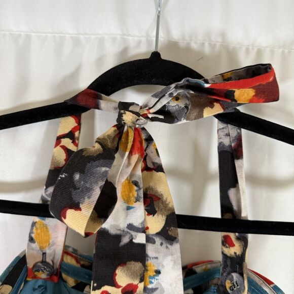 Hitherto Anthropologie Dress Women's 14 Blue Red Floral Zip Back Sleeveless Tie - Picture 13 of 14
